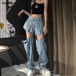 Women Denim Jeans Loose Wide Leg Summer Fashionable Girls Streetwear Removable High Waist Trousers Boyfriends Hip-hop Chic Thin 240308
