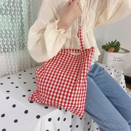 Shopping Bags Cotton Canvas Tote Bag Plaid Reusable Foldable Large Capacity Woman Lady Shopper Handbags Book For Students Girls