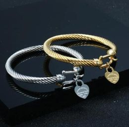 Gold Color Love Heart Charm Bangle Bracelet With Hook Closure For Women Men Wedding Jewelry Gifts Titanium Steel Trendy New Designer Bracelet