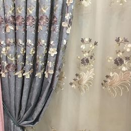 European Blue And Grey Blackout Curtains Chenille Flower Embossed For Living Room Bedroom Study Tulle Custom Curtain & Drapes2377