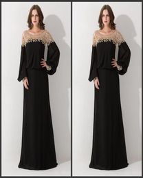 2020 New Black Loose Scoop Neck Dubai Kaftan Evening Dresses Long Sleeve Sequined Chiffon Formal Party Gowns Vestido De F4642227