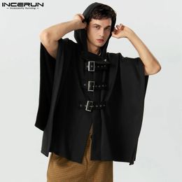 INCERUN Men Cloak Coats Solid Colour Hooded Button Fashion Irregular Trench Ponchos Streetwear Loose Casual Male Cape S-5XL 240329