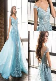 2019 New Light Blue Elie Saab Overskirts Prom Dresses Arabic Mermaid Sheer Jewel Lace Applique Beads Tulle Formal Evening Party Go9563954