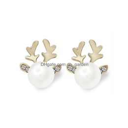 Stud High Quality Reindeer Pearl Christmas Earrings For Kids Women Rhinestone Inlay Lovely Jewellery Gift Drop Delivery Dh0Vb