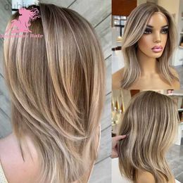Synthetic Wigs Synthetic Wigs Hair Lace Brown Highlight Blonde Hair Wigs 13x4 13x6 Frontal Wig PrePlucked transparent lace ldd240313