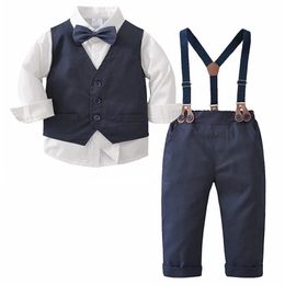 Baby Boys Formal Suit Long Sleeve Bow Shirt Vest Suspender Trousers Gentleman Clothes Set Kids Birthday Wedding Party Clothing 240308