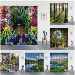 Curtains Garden Flowers Shower Curtains Nature Floral Forest Waterfall Landscape Bathroom Curtain Waterproof Fabric Home Decor With Hooks