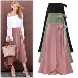 Skirts Elegant Women's High Waist Irregular Midi Summer Skirt Solid Plus Size Asymmetrical Split Long Casual Wrap With Sashes
