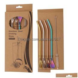 Drinking Straws Stainless Steel St Philtre Spoon Metal Can Be Reused Coffee Tea Beverage Pipe Stirring Spoons Set Drop Delivery Home Dhmfo