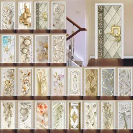 Stickers 3D Gold Door Decoration Stickers Marble Simple Abstract Lines Flowers Wallpaper For Living Room Home Decor Bedroom Art Decals