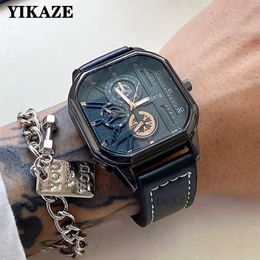 Wristwatches YIKAZE Alloy Men Quartz Watches Leather Strap Big Dial Student Square Sports Watch Cool Black Mens Watch Waterproof WristwatchL2303