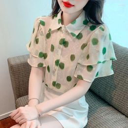 Women's Blouses Fashion Green Dot Print Short-Sleeved Chiffon Shirt Summer Top 2024 Design Sense Sweet Printed Tops
