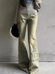 Women's Jeans Ragged Edge Design Yellow Mud Micro Flared Pants American Cool Girl Bottoms High Waist Female Denim Trousers
