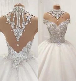 Dubai Crystal Royal Princess Ball Gown Wedding Dresses High Collor Neckline Beading Sequins Luxury Bridal Gowns Cap Sleeves Puffy 7626469