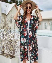 Women039s Swimwear 2021 Flower Printed Swimsuits Chiffon Swimsuit Beach Bathing Suit Cover Ups For Summer Holiday Dress Mujer1930043