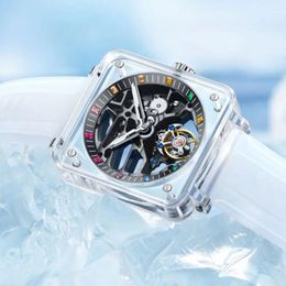 Wristwatches AESOP 7058G-A Flying Tourbillon Mechanical Sapphire Watches Waterproof Watch For Men Skeleton Movement Crystal Transparent Case
