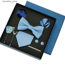 Neck Ties Fashion Necktie Set Blue Mens Tie Handkerchief Cufflinks Clip Pin Box Suits For Men Wedding Gift Shirt Silk Tie Men Accessories L240313