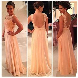 High Quality Nude Back Chiffon Lace Bridesmaid Dresses Long Peach Colour Cheap Formal Party Maid of Honour Dress Custom Made