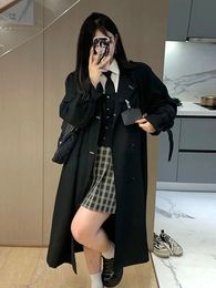 Korean Long Black Jacket Woman Windcheater Lapel Double Breasted High Quality Overcoat Autumn Loose Belt Street Chic Clothing 240315