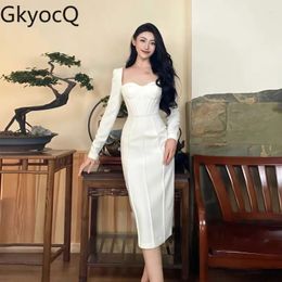 Casual Dresses GkyocQ French Elegant Women Dress Square Collar Long Sleeve High Waist Slim White Mature Fashion Female Vestidos