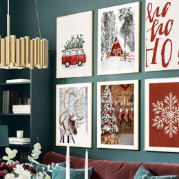 Calligraphy Christmas Tree Gift Snow Forest Red House Bus Deer Squirrel Winter Wall Art Prints Canvas Painting Posters Pictures Home Decor