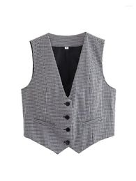 Women's Vests Aoaiiys Vest For Women V Neck Cropped Waistcoat Buttons Tops Vintage Patchwork Sleeveless Outerwear Grey Plaid Fashion