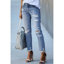 2022 New Women Mid Waist Ripped Tassel Jeans Fashion Casual Slim High Stretch Denim Pencil Pants S-2XL Drop Shipping