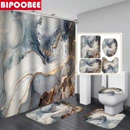 Curtains Marbling 3D Printing Shower Curtains Marble Golden Veins Bath Mats Set Pedestal Rug Toilet Lid Cover Bathroom Curtain with Hooks