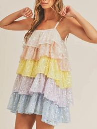 Casual Dresses Edhomenn Women Shiny Sequin Dress Cute Cake Spaghetti Strap Sleeveless Short Low Cut Party Club Mini