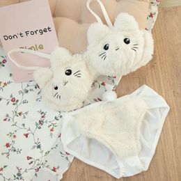 Japanese Kawaii Plush Women Bra Set Cute Girl Cat Comfortable Cartoon Underwear Lovely Soft Student Lingerie 240305