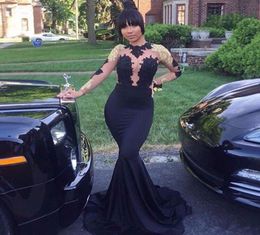 2020 New African Black and Gold Mermaid Prom Dresses Long High Neck Satin Sexy See Through Open Back Long Sleeve Prom Evening Gown6861635