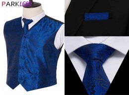 Luxury Royal Blue Paisley Suit Vest Men Party Wedding Groom Floral Jacquard Classic Tuxedo Waistcoat Tie Square 3pcs Set 5XL 22955200