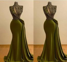 Olive Green Evening Dresses African Plus Size Mermaid Sparkly Sequins High Neck Sweep Train Satin Prom Party Gown Formal Occasion Wear vestidos Desinger