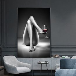 Calligraphy Canvas Prints Nude Woman Wine Glass Painting Black White Sexy Girl Posters Wall Art Modern Pictures for Living Room Home Decor