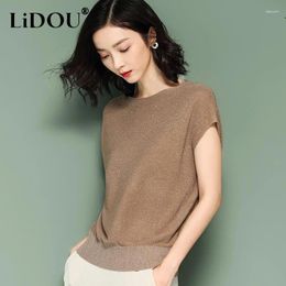 Women's T Shirts 2024 Spring Summer O Neck Short Sleeve Solid Color Pullover Ity Simple Bright Silk Elegant Fashion Lively Wild Tee