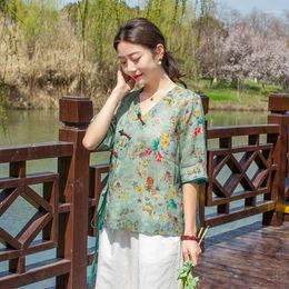 Ethnic Clothing Chinese Style Traditional Female Hanfu Blouse National Loose Women Tops Tang Suit Vintage Cotton Linen Floral Print V Neck