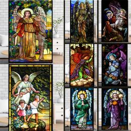 Films Custom Made Window Film Stained Glass Sticker,Multicolor Angels Picture,Static Cling Frosted Privacy for Church Home Decor