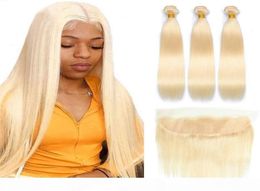 Blonde Bundles with Frontal Straight Hair 613 Bundles with Frontal Closure Brazilian Hair Weave Bundles 13x4 HD Lace Frontal2871104