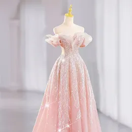 Runway Dresses Gorgeous Pink Formal Evening Dress Glittering Off Shoulder Beading Sequin Ruffles Long Celebrity Banquet Gowns