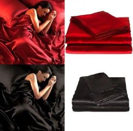 Boxes 95gsm 4 Pc Satin Silky Soft Queen Bed Fitted Bed Sheet Set Red Black