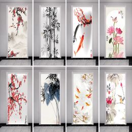 Stickers Modern Art Vintage Flowers 3D Door Sticker Peel and Stick Vinyl White Background Bamboo Carp Doors Mural Decals For Home Decor