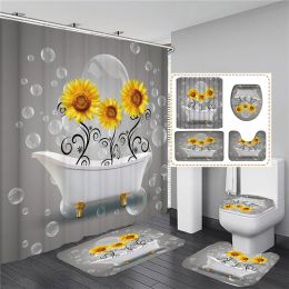 Curtains 3D Flower Shower Curtain Set Bath Mats Rugs Sunflower Bathroom Sets Bathtub Curtains with Hooks NonSlip Carpet Toilet Lid Cover