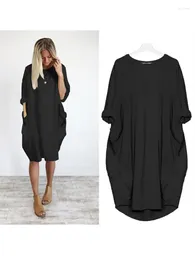Casual Dresses Women Loose Solid Color Fashion Female Vestidos Dress Pockets Long Sleeve Round Neck Knee-Length Autumn Spring
