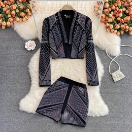 Women's Tracksuits Two Piece Short Set Women Summer V-neck Beading Sequins Geometric Coat Pant Fashion Womens Outfits American Retro Drop