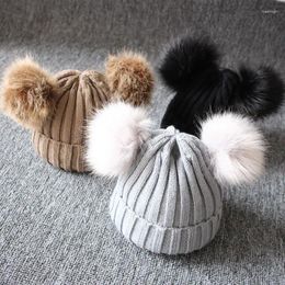 Hats Brand Born Baby Kids Girls Boys Winter Warm Knit Hat Furry Balls Pompom Solid Cute Lovely Beanie Cap Gifts