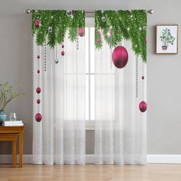 Curtains Christmas Tree Leaves Green Red Ball Snowflake Plant Tulle Sheer Window Curtains Living Room Voile Organza Curtains Drapes