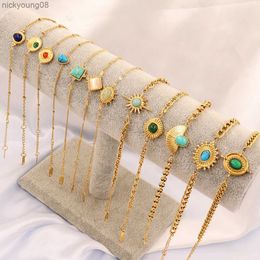Bangle Vintage Stainless Steel Bracelet for Women Turquoise Pendant Bracelet Colourful Natural Stone Bracelets Chain Bracelet JewelryL2403