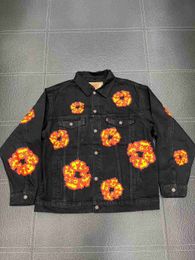 Men design Denim jacket orange Wreath DENIM Classic Lapel Washed Mens Cowboy Coat Jean Button Pocket Outerwear Man Jacket