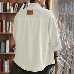 Men's Casual Shirts Retro Style Shirt Cardigan With Turn-down Collar Patch Pockets Solid Color Long Sleeve For Spring Men