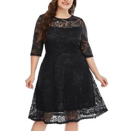 Women Hollow Lace Dress Ladies Stitching Elegant Plus Size Summer Party Highwaist Tunic 240311